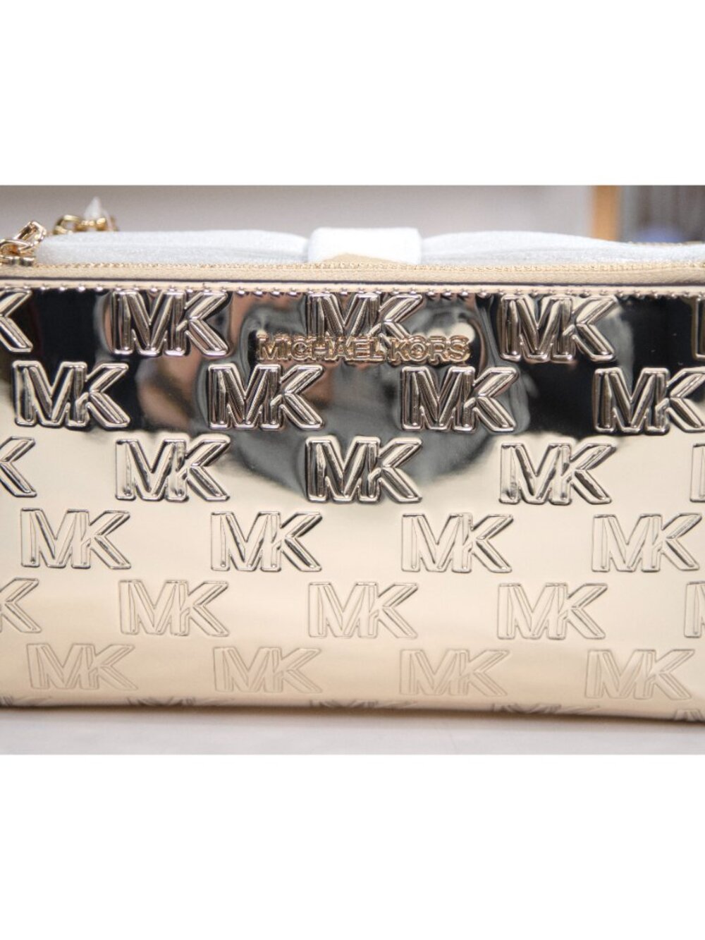 Michael Kors Pale Gold Embossed Logo Leather Adele Double Zip Phone Wristlet NWT - Picture 3 of 6